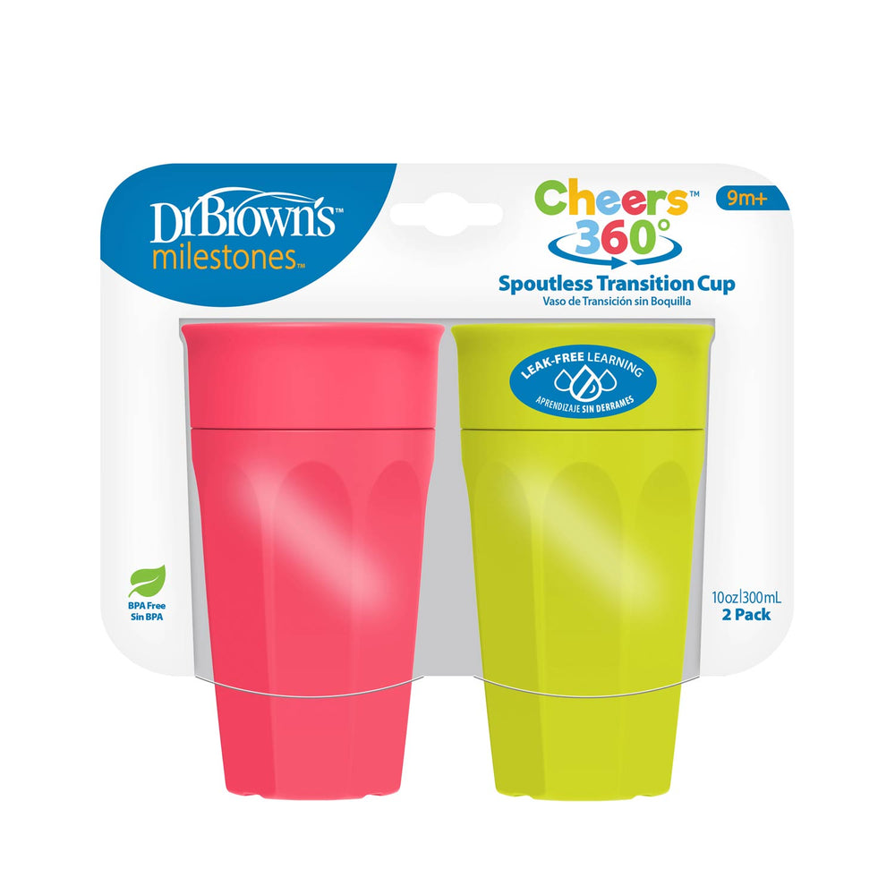 Two colorful spoutless transition cups in pink and green with Dr. Brown's branding
