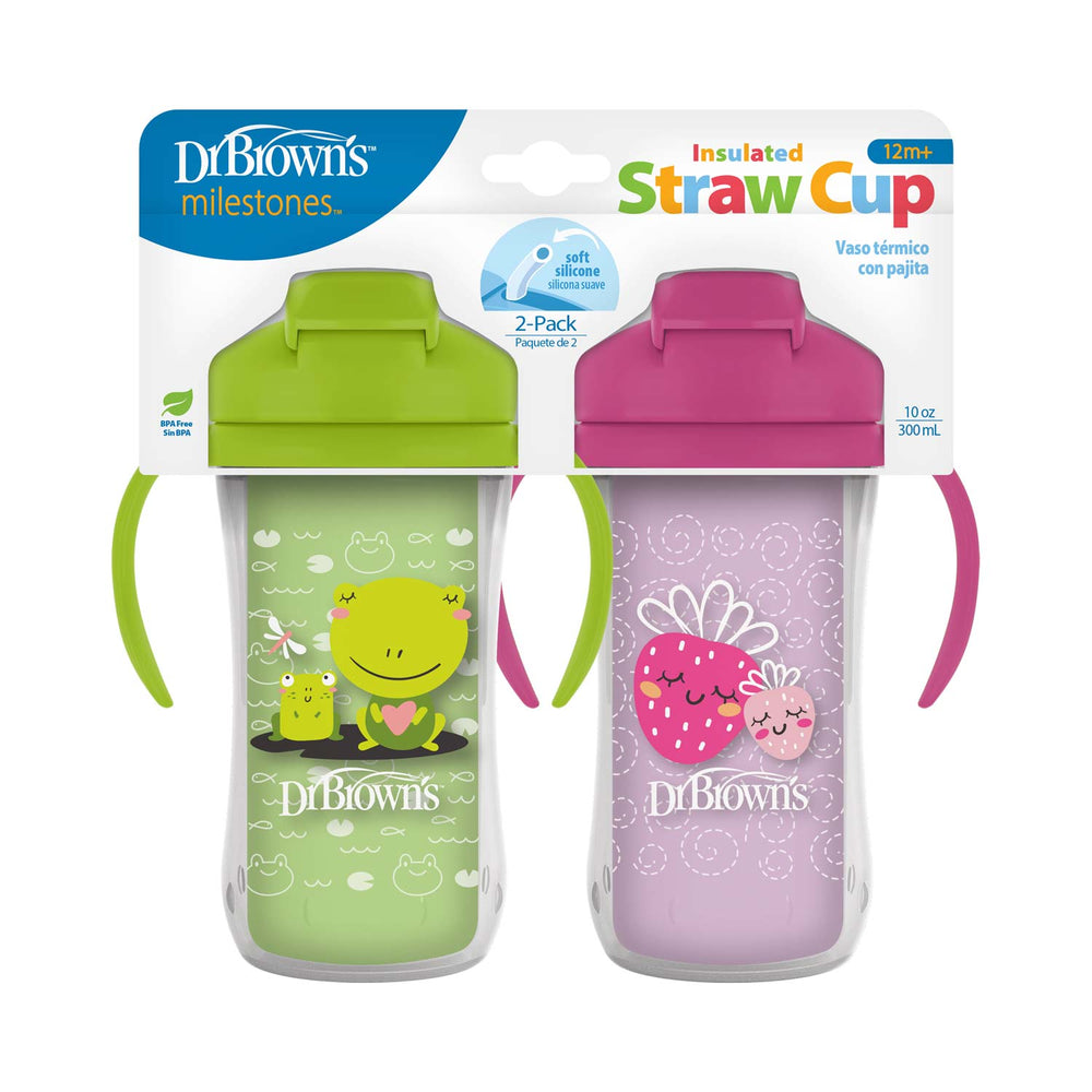 Dr. Brown's® Milestones™ Insulated Straw Cup, 2-Pack for ages 12m+ includes a green cup with frog and snail, and a pink cup with strawberries. Both are spill-proof, have handles and flip-top lids.