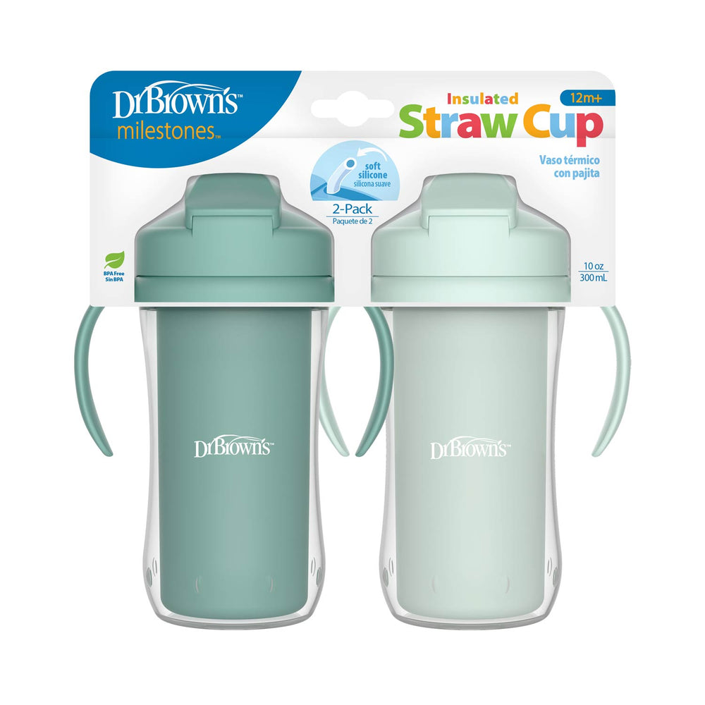 A Dr. Brown’s® Milestones™ 2-pack Insulated Straw Cup for toddlers 12M+, featuring two green cups each with handles, a flip-top lid, and a capacity of 10 oz (300 ml).
