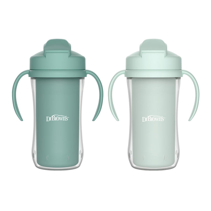 The Dr. Brown’s® Milestones™ Insulated Straw Cup, 2-Pack features two cups—one dark teal and one light teal—with lids, spouts, and dual handles for easy gripping.