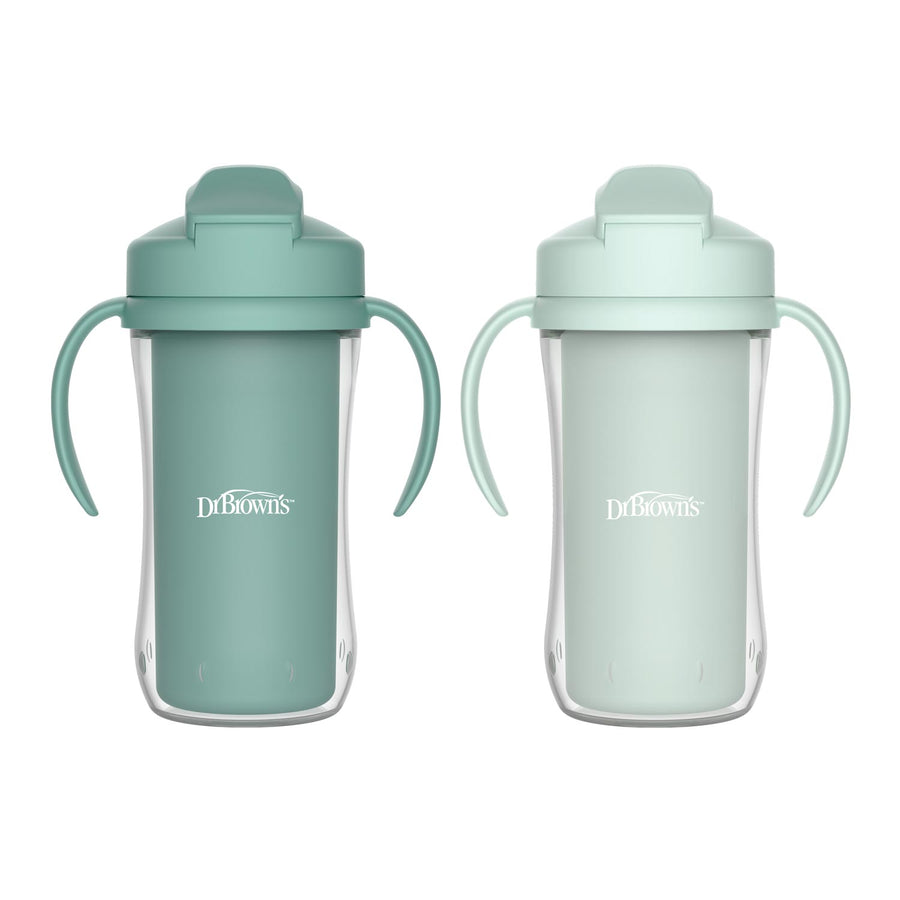 The Dr. Brown’s® Milestones™ Insulated Straw Cup, 2-Pack features two cups—one dark teal and one light teal—with lids, spouts, and dual handles for easy gripping.