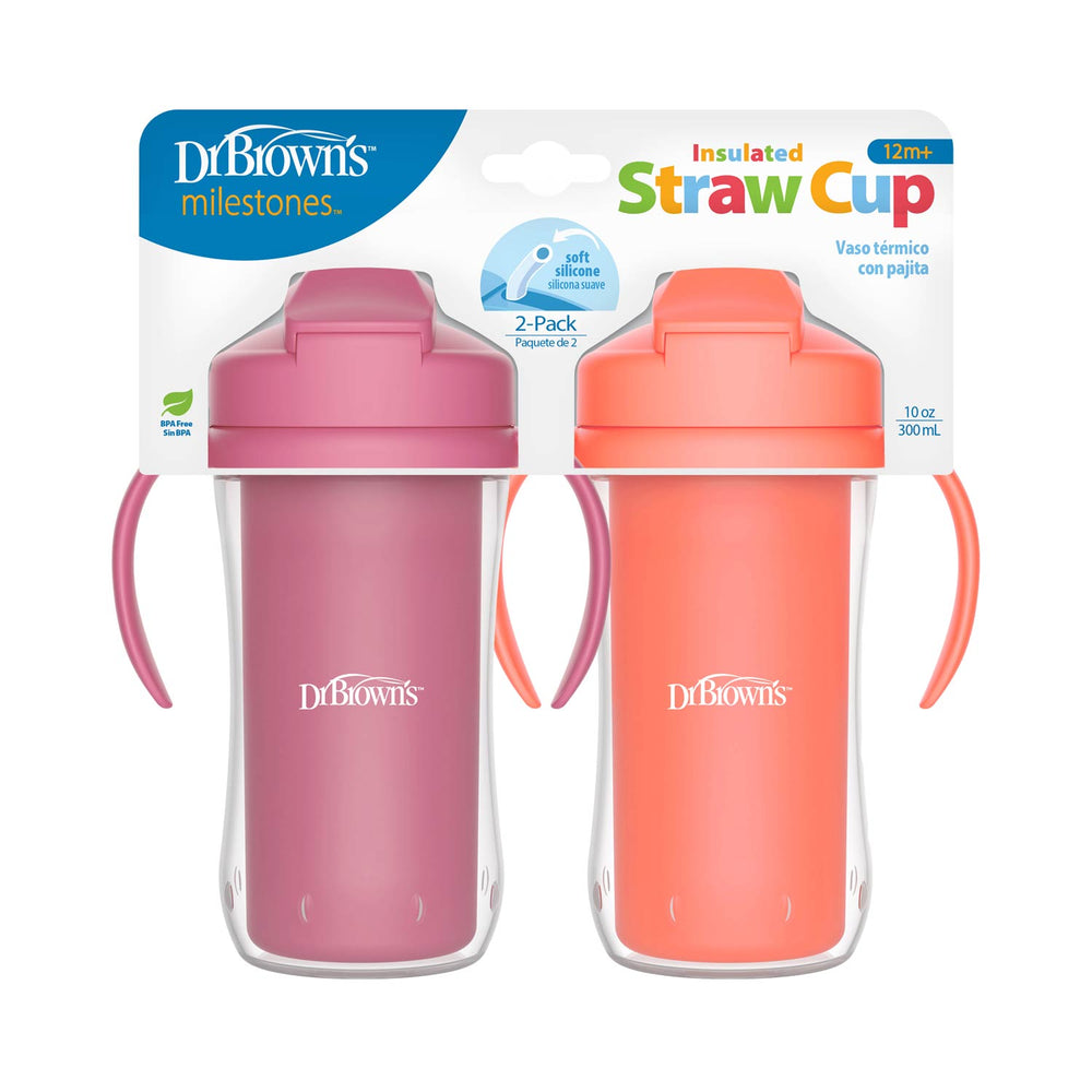Dr. Brown's 10oz Insulated Straw Cups, Orange and Maroon, Packaged