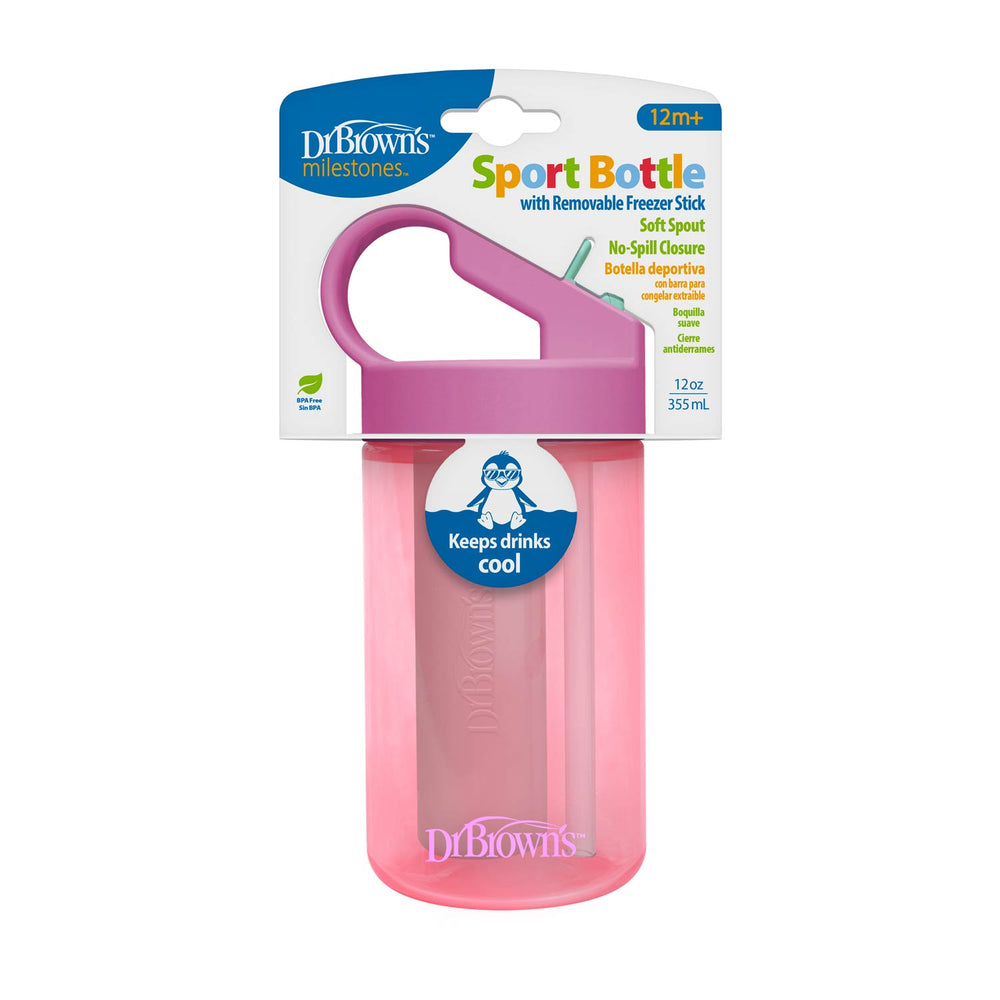 Pink Dr. Brown's Sports Bottle with a chiller insert, packaged