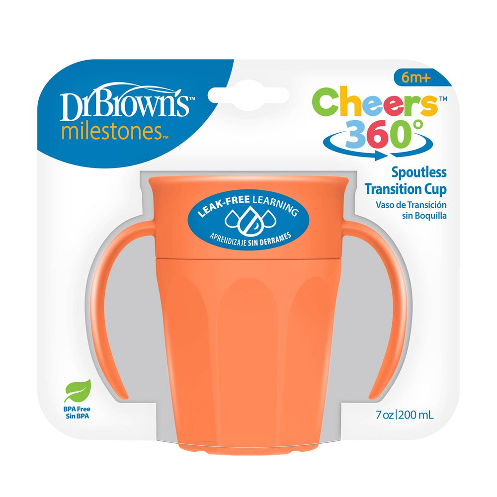 Packaged coral-colored Cheers360 cup with handles