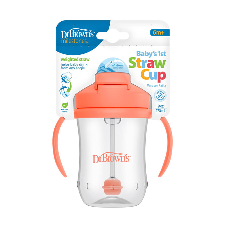 Dr. Brown's Baby's 1st Straw Cup with pink lid and handles, packaging