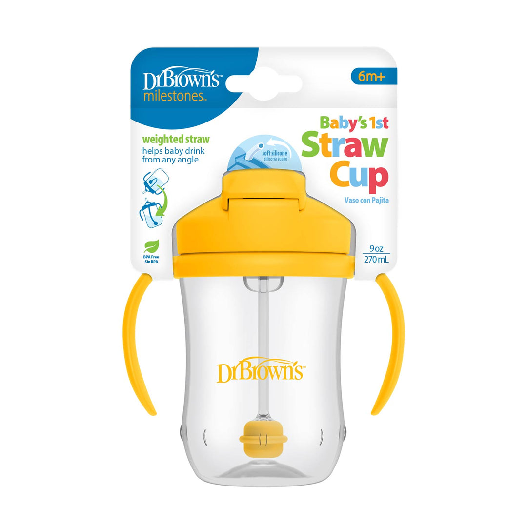 Dr. Brown's Baby's 1st Straw Cup with yellow lid and handles, packaging