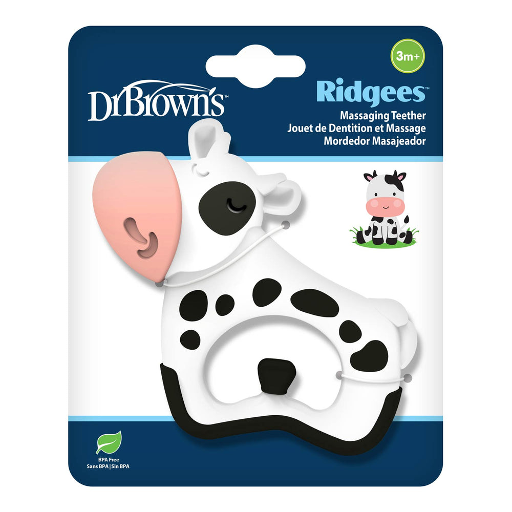 Dr. Brown's Ridgees Massage Teether in a cow design, packaged on its original blue and white retail blister card.