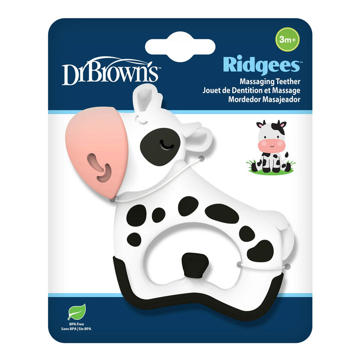 Dr. Brown's Ridgees Massage Teether in a cow design, packaged on its original blue and white retail blister card.