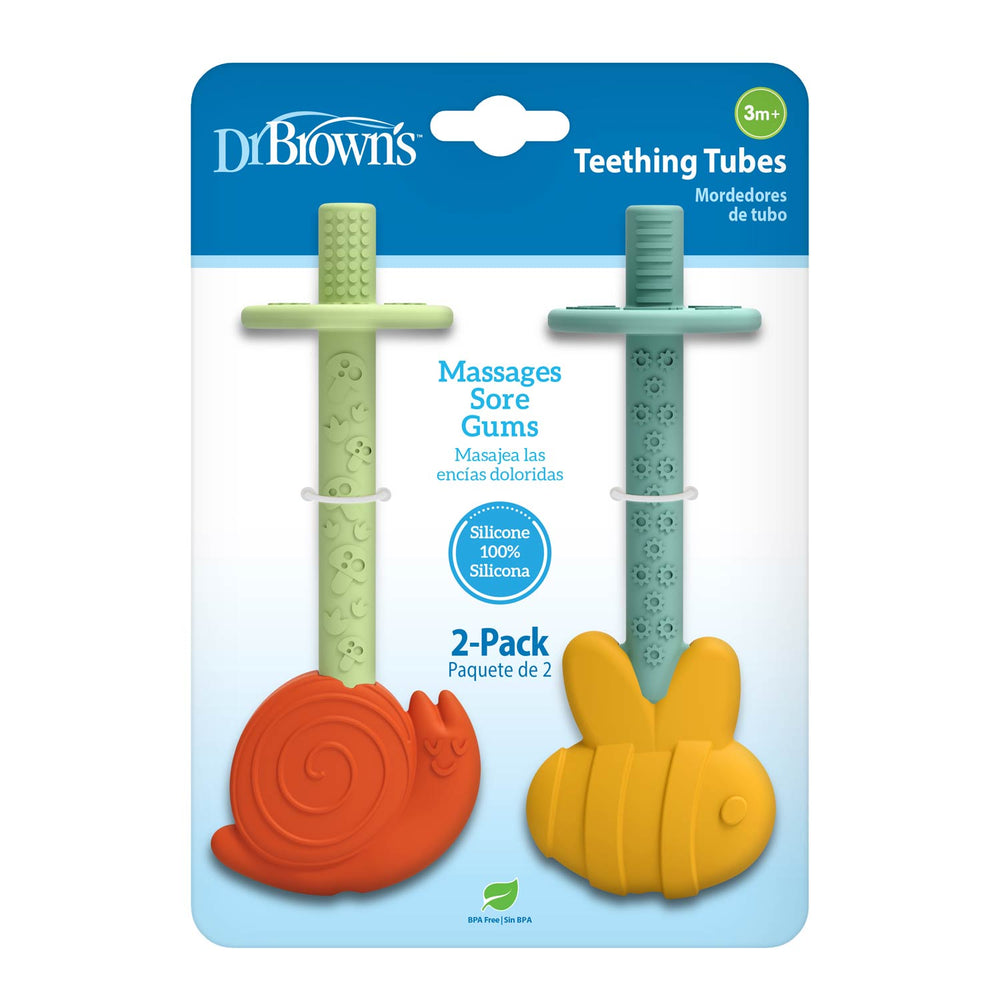 Dr. Brown's teething tubes packaging with snail and bee shapes