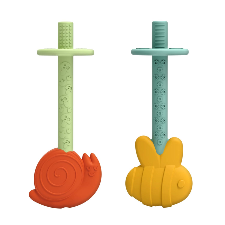 Teething tubes with snail and bee designs