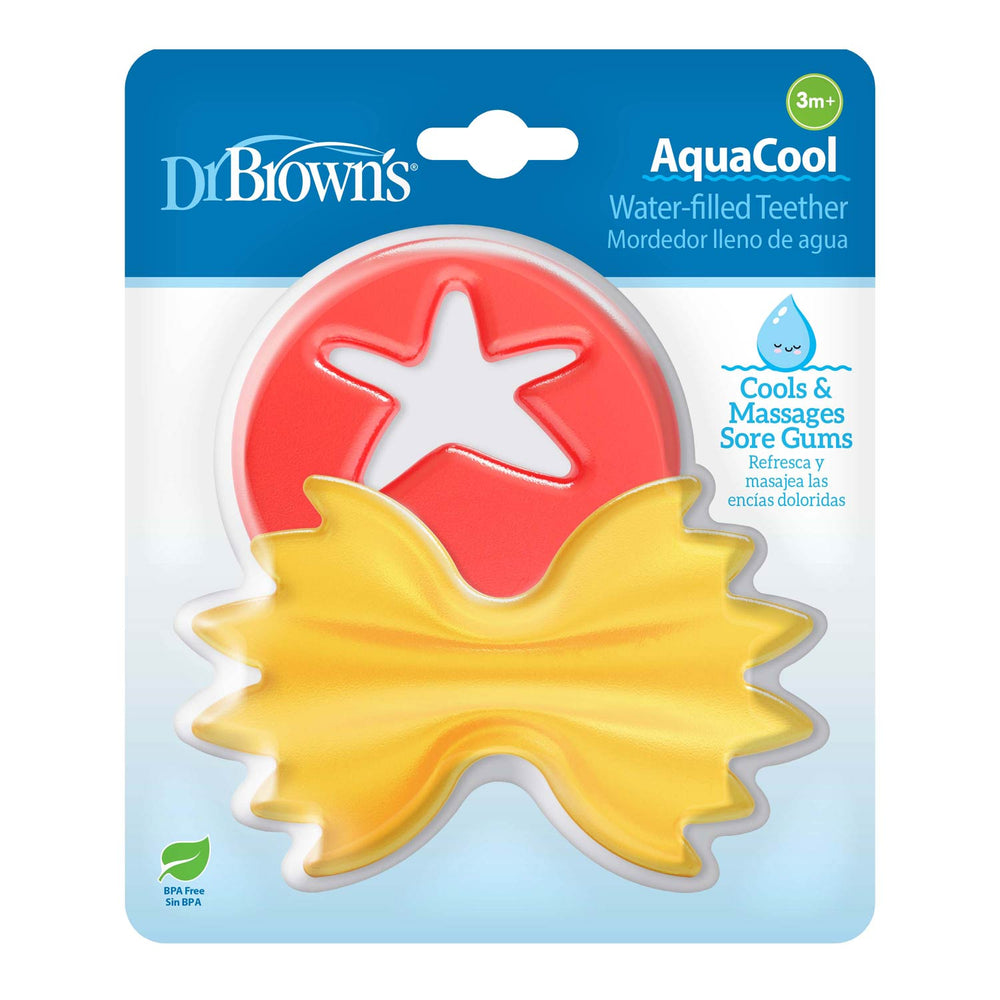 Tomato star-shaped and yellow bowtie pasta shaped water-filled teethers, packaged