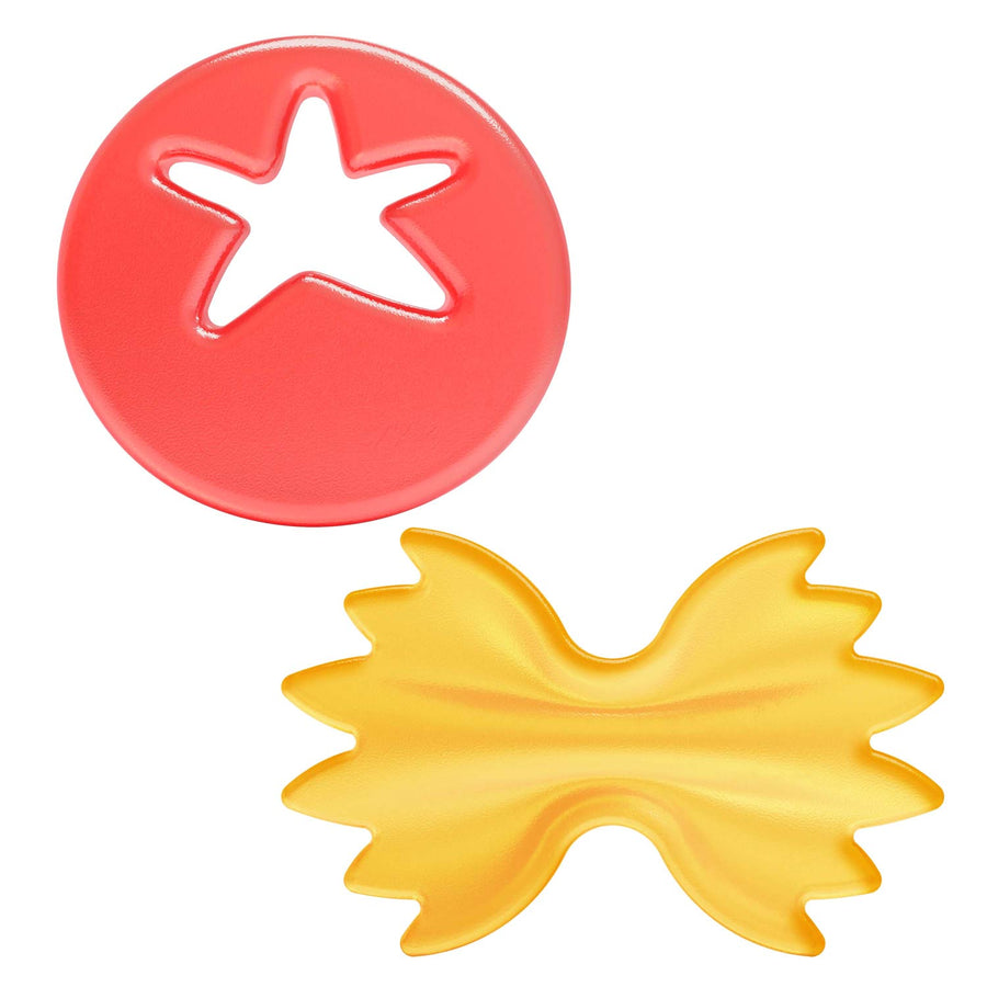 Tomato star-shaped and yellow bowtie pasta shaped water-filled teethers
