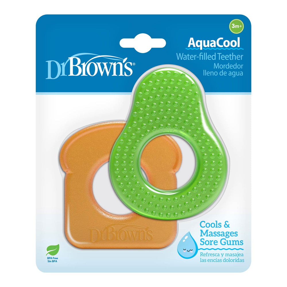 Dr. Brown’s® AquaCool Water-Filled Teether – Avocado Toast is a fun teether for babies 3 months+, designed to cool and gently massage sore gums, packaged on a blue and white card.