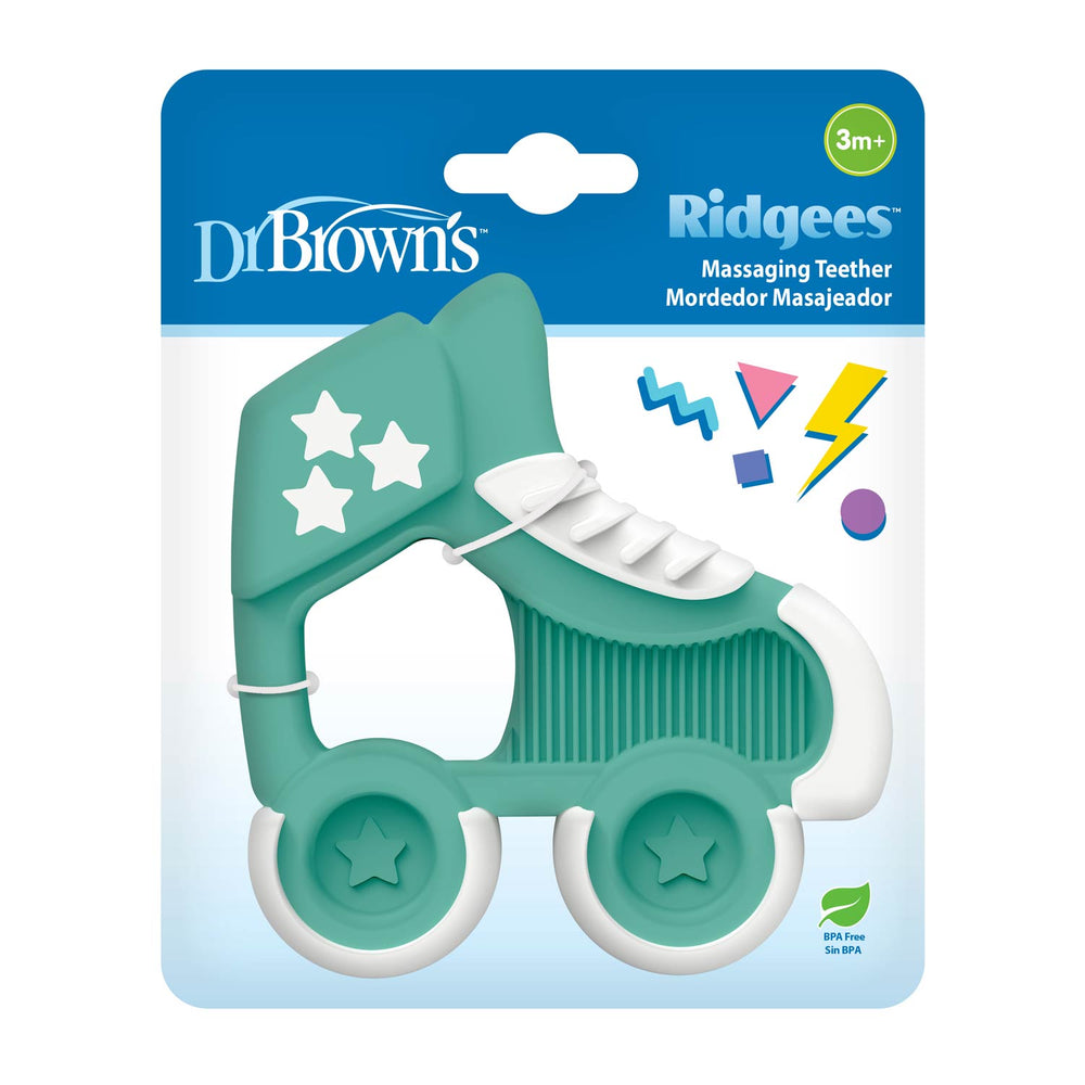 Teal and white roller skate-shaped massaging teether with star designs, packaging