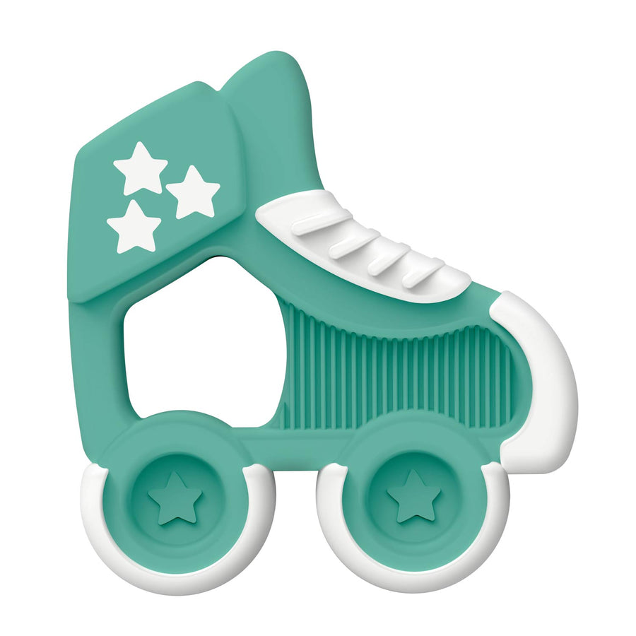 Teal and white roller skate-shaped massaging teether with star designs