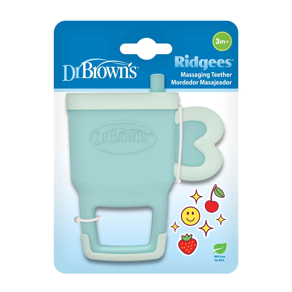 Dr. Brown's Ridgees massaging teether packaging, in shape of a tumbler