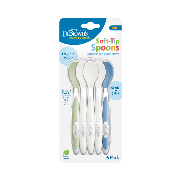 Dr. Brown's Soft-Tip Spoons 6-pack in a blister card package, featuring six flexible baby spoons.