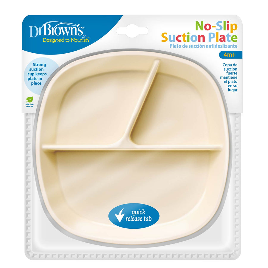 Dr. Brown's No-Slip Divided Suction Plate in an ecru color, packaged in its original retail blister pack