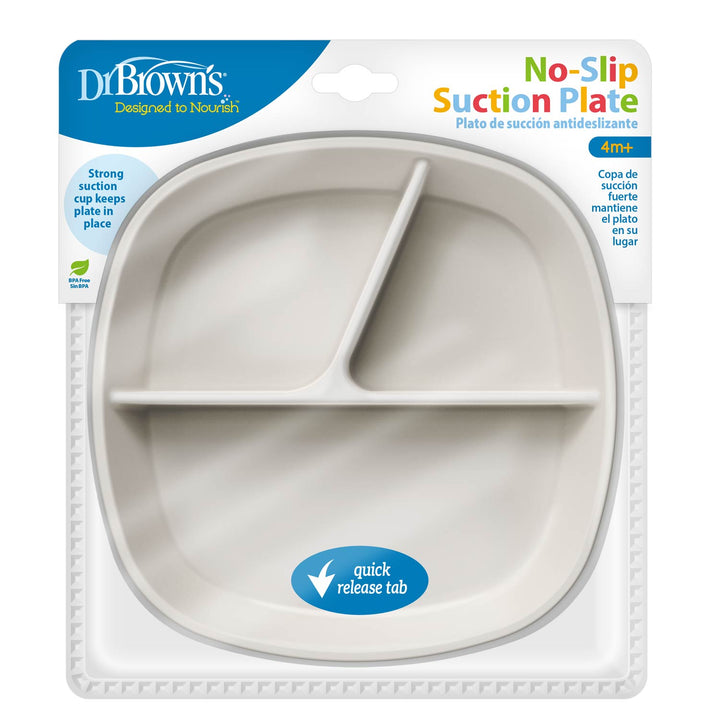 Dr. Brown's No-Slip Divided Suction Plate in a gray color, packaged in its original retail blister pack
