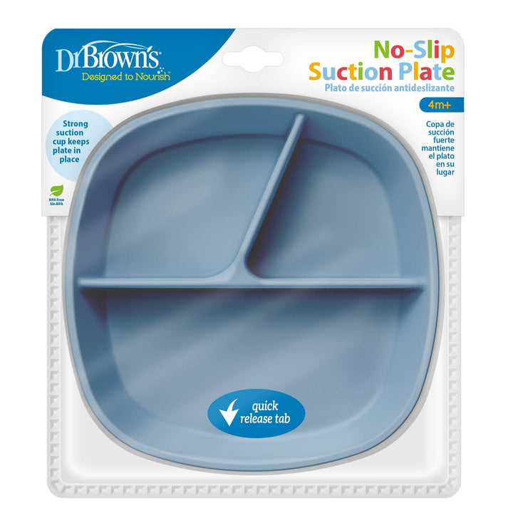 Dr. Brown's No-Slip Divided Suction Plate in a blue color, packaged in its original retail blister pack