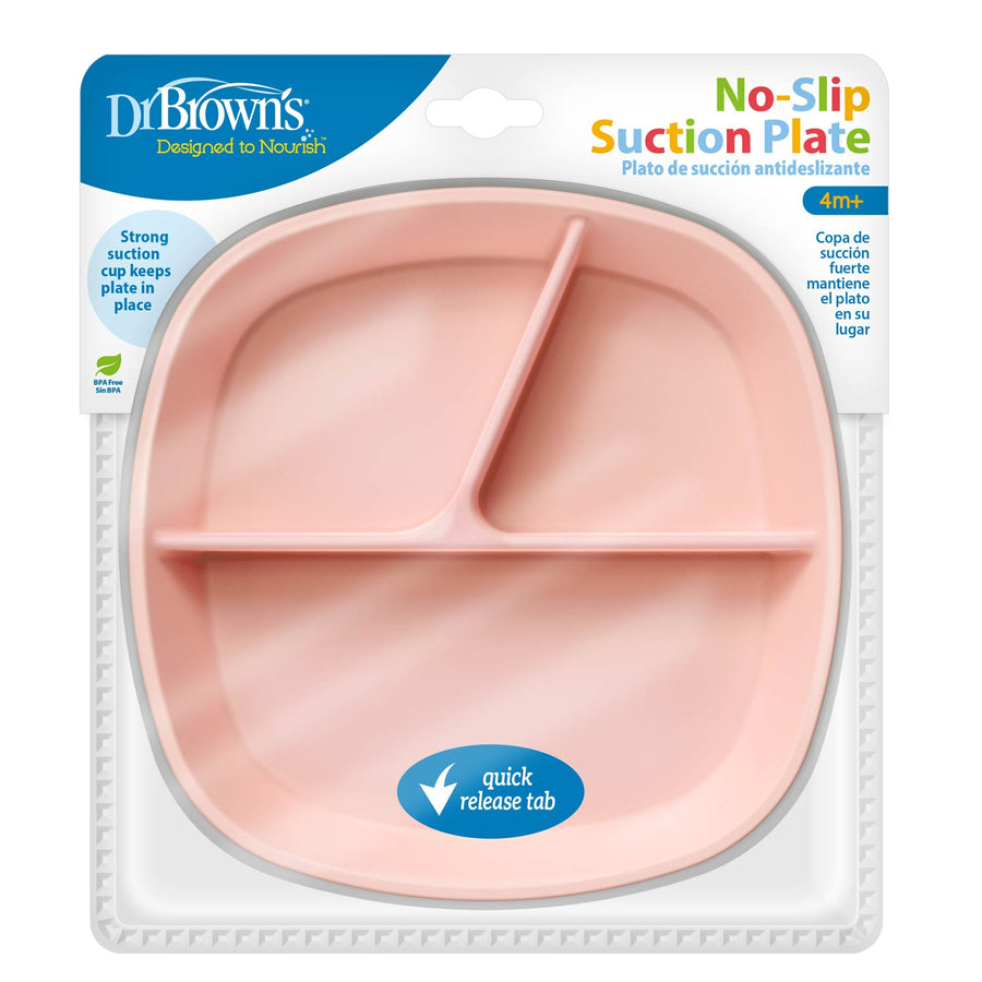 Dr. Brown's No-Slip Divided Suction Plate in a pink color, packaged in its original retail blister pack