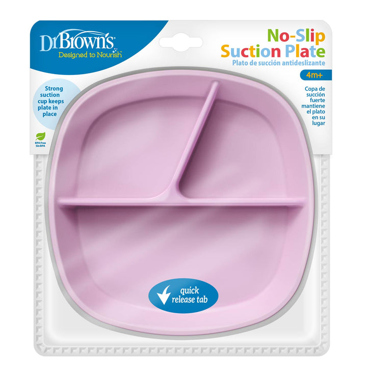 Dr. Brown's No-Slip Divided Suction Plate in a lilac color, packaged in its original retail blister pack
