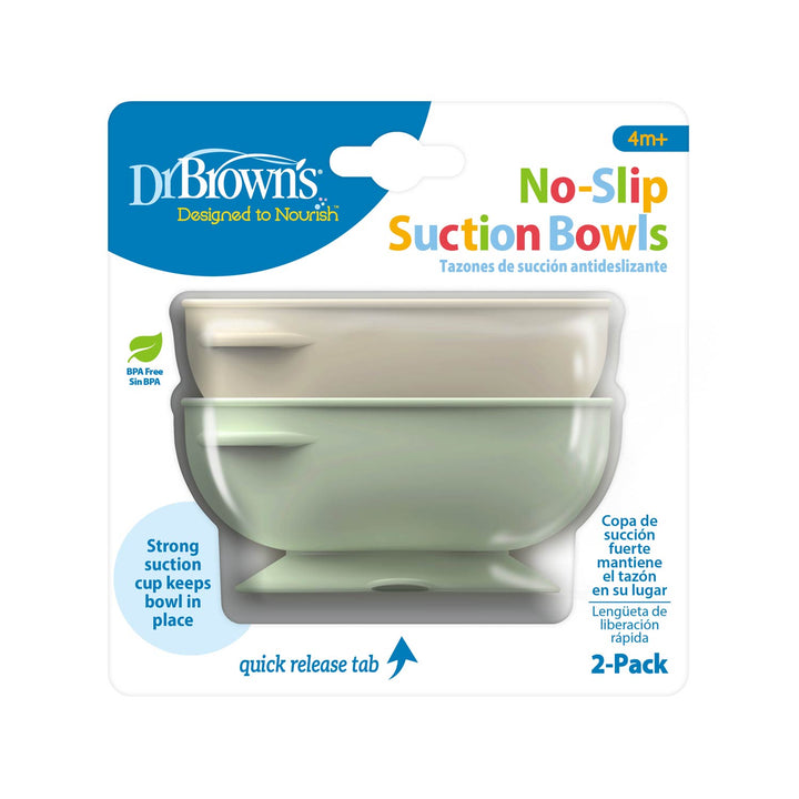Dr. Brown's No-Slip Suction Bowls 2-pack, ecru and mint colored, in a package.