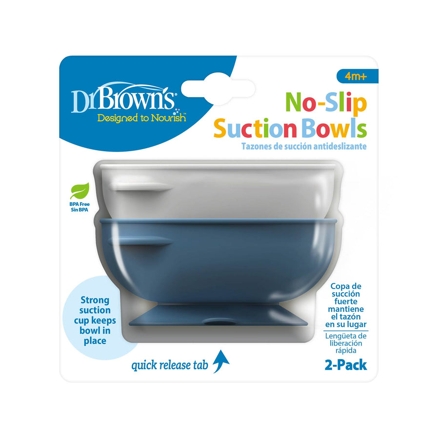 Dr. Brown's No-Slip Suction Bowls 2-pack in a package, featuring a blue and gray suction bowl with a quick-release tab.