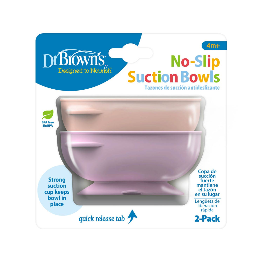 Dr. Brown's No-Slip Suction Bowls 2-pack in pink and lilac, packaged