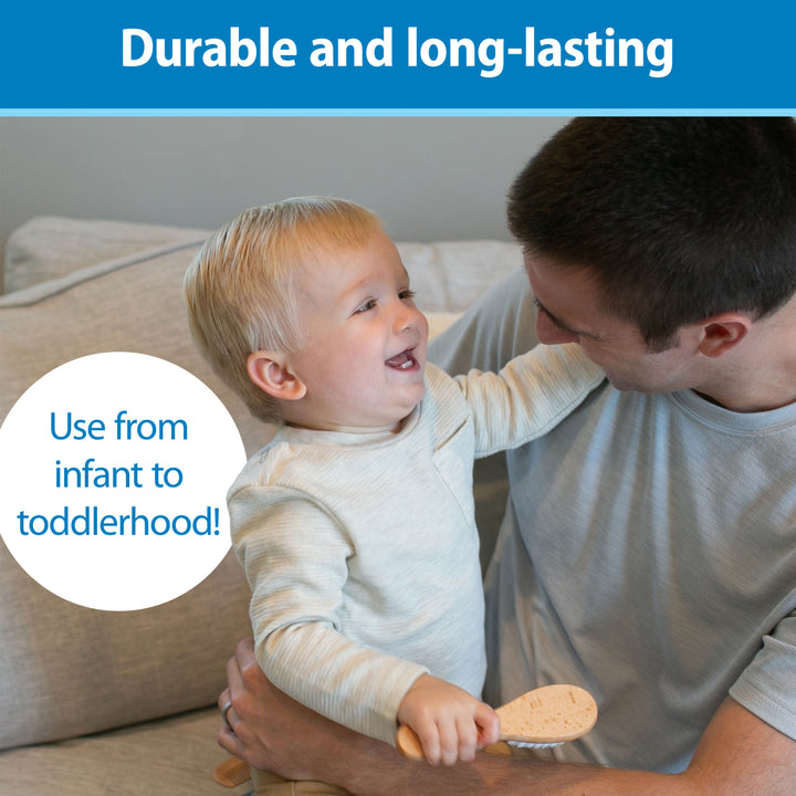 Man holding a baby with a product, text about durability and use from infancy to toddlerhood.