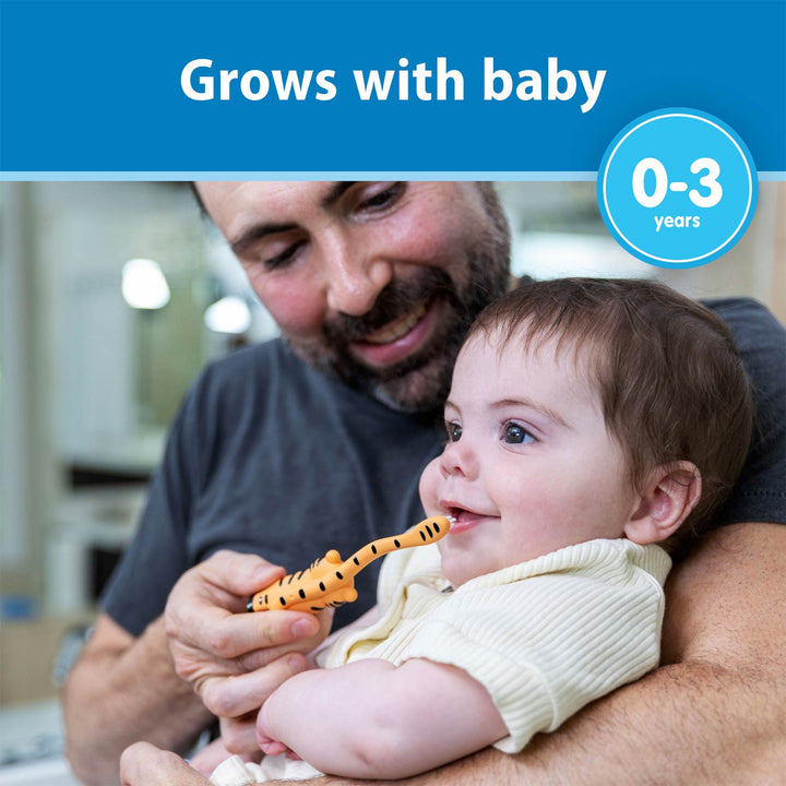 A baby being held by an adult while using an orange and black tiger-striped teething toy. The image features a blue banner at the top with the text 'Grows with baby' and a circular badge that says '0-3 years'.