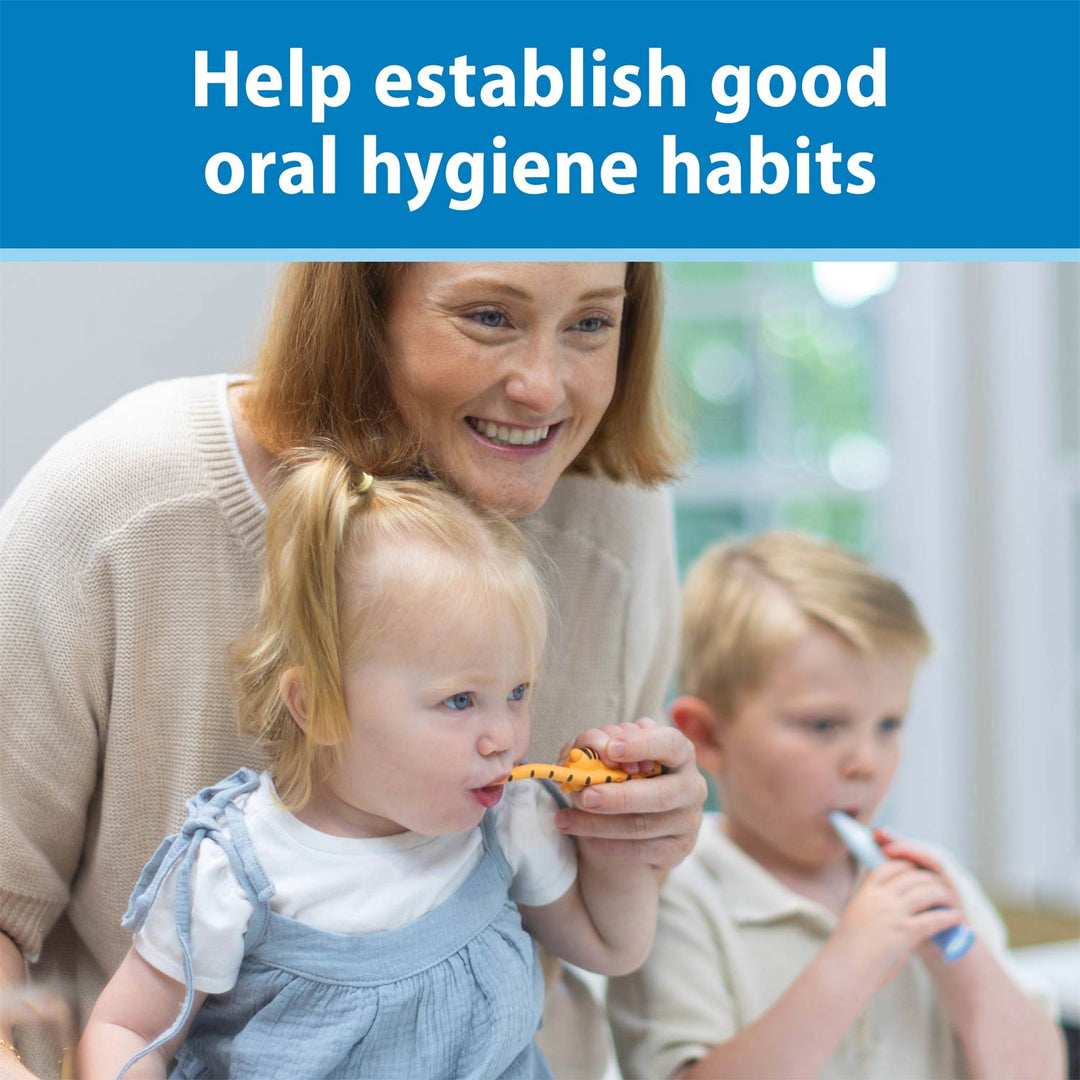 A woman and two children brushing their teeth, one with an orange and black tiger-shaped toothbrush, in a bright indoor setting, with a blue banner at the top reading 'Help establish good oral hygiene habits.'.