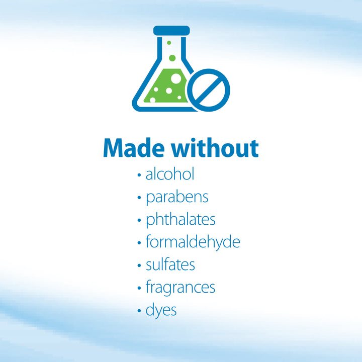 Dr. Brown's Tooth and Gum Wipe label indicating ingredients not used, with a beaker icon on a blue gradient background.