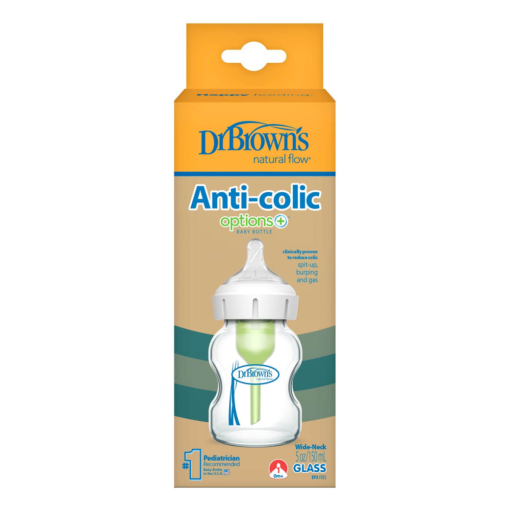 A box of Dr. Brown's Natural Flow® Anti-Colic Options+™ Wide-Neck Glass Baby Bottle, 5 oz/150 ml, with Level 1 Slow Flow Nipple, featuring a blue and orange design and a bottle image on the front.