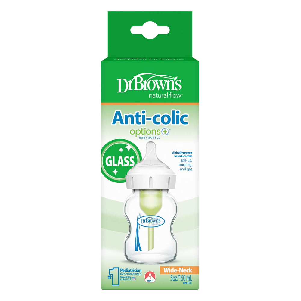 Dr. Brown's Anti-colic baby bottle packaging with green and white design.