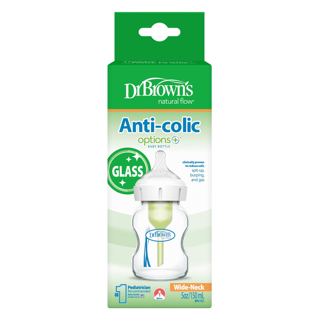 Dr. Brown's Anti-colic baby bottle packaging with green and white design.