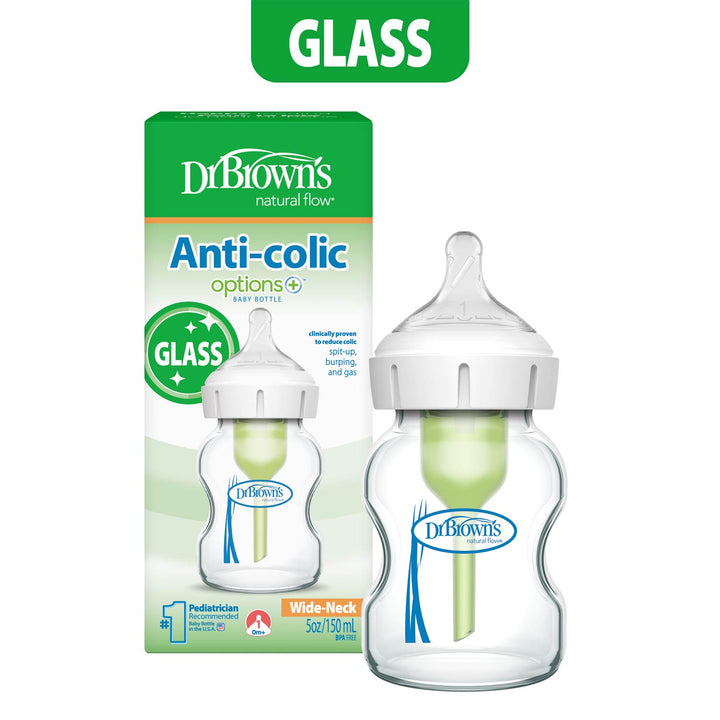 Dr. Brown's glass anti-colic baby bottle with packaging