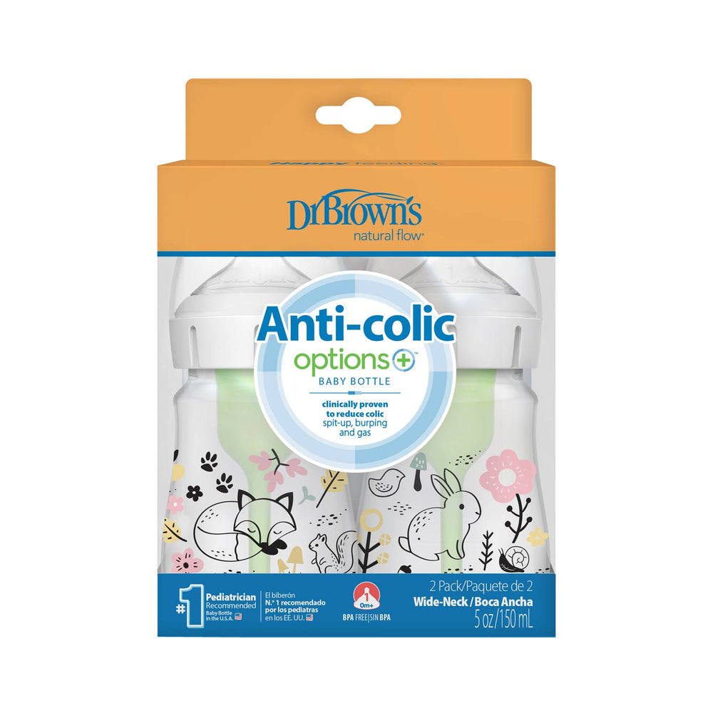Dr. Brown's Natural Flow Anti-Colic Options+ Wide-Neck Baby Bottle, 5oz/150mL, 2-Pack features Slow Flow Nipples and comes in floral and animal-themed packaging with bunnies, deer, birds, and plants on the box.
