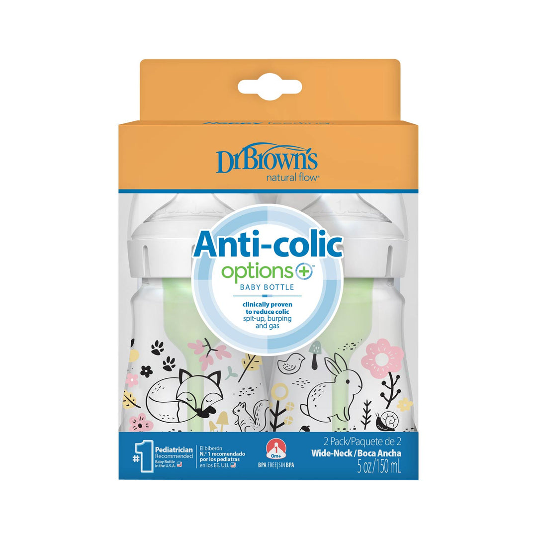 Dr. Brown's Natural Flow Anti-Colic Options+ Wide-Neck Baby Bottle, 5oz/150mL, 2-Pack features Slow Flow Nipples and comes in floral and animal-themed packaging with bunnies, deer, birds, and plants on the box.