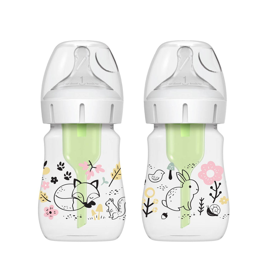 Dr. Brown’s Natural Flow Anti-Colic Options+ Wide-Neck Baby Bottle, 5oz/150mL, 2-Pack features green interior tubes, cute animal and nature prints, slow flow nipples, anti-colic design, wide silicone nipple, and clear tops.
