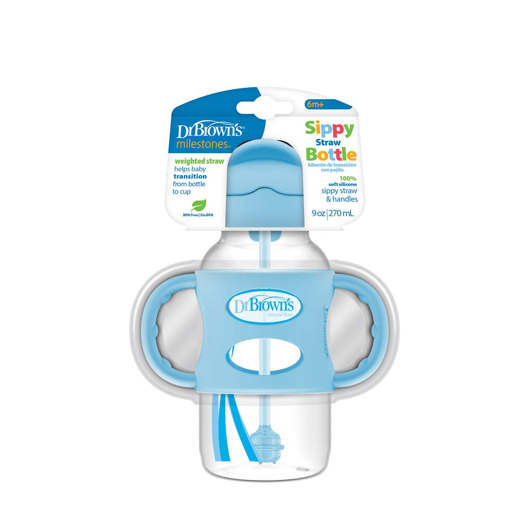 The Dr. Brown’s™ Milestones™ Wide-Neck Sippy Straw Bottle is ideal for fostering independent drinking in infants 6 months and up. It includes silicone handles, a weighted straw, 9 oz capacity, and light blue accents, aiding the transition from bottle to cup as highlighted on the packaging.