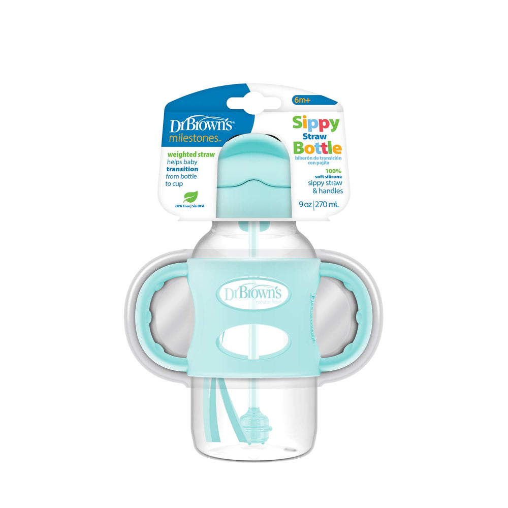 Explore the Dr. Brown’s™ Milestones™ Wide-Neck Sippy Straw Bottle, perfect for babies 6 months and up to develop drinking skills. With a silicone weighted straw and dual handles, this 9 oz (270 mL) bottle smoothly transitions from bottle to cup.