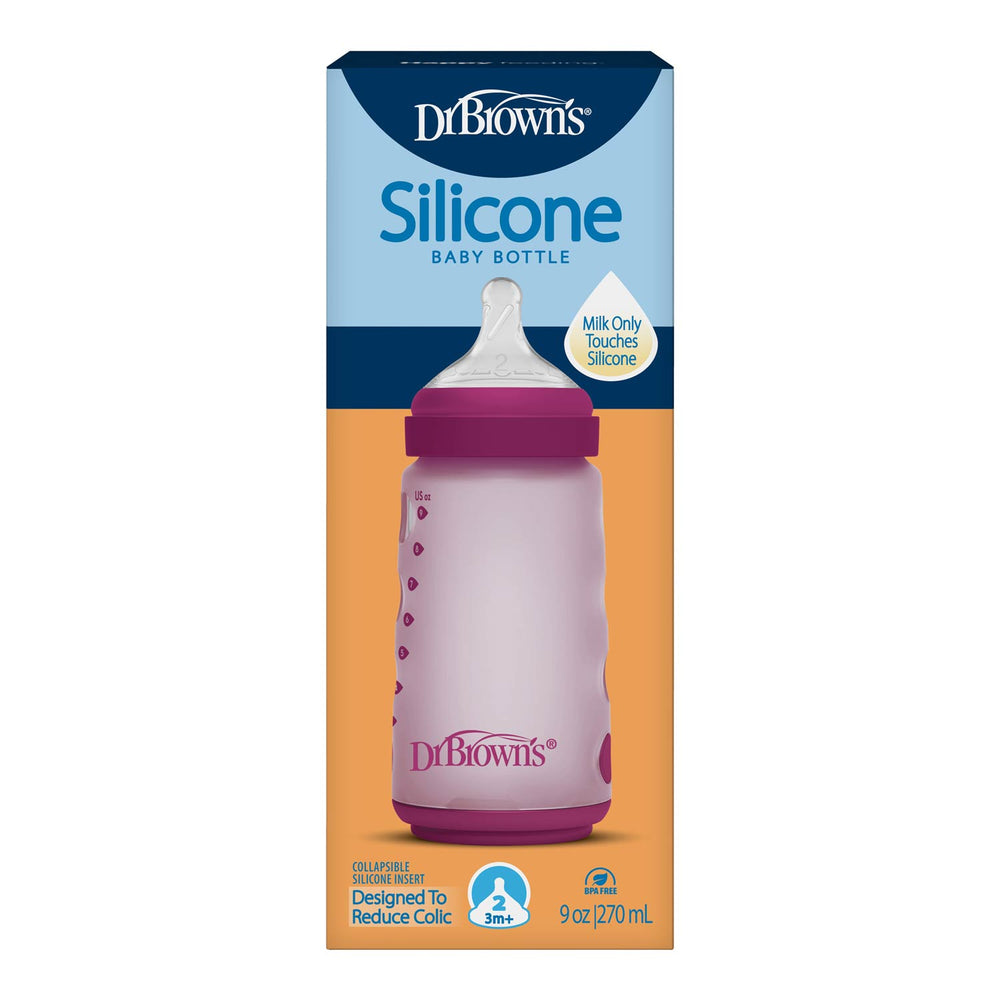 Dr. Brown's pink wide-neck silicone baby bottle packaging