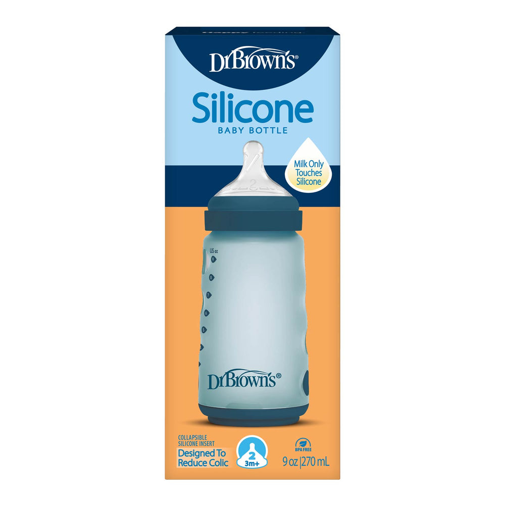 Dr. Brown's blue silicone wide-neck baby bottle packaging