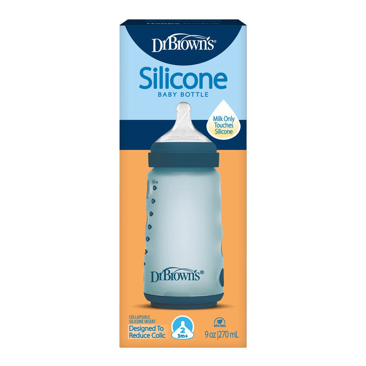 Dr. Brown's blue silicone wide-neck baby bottle packaging