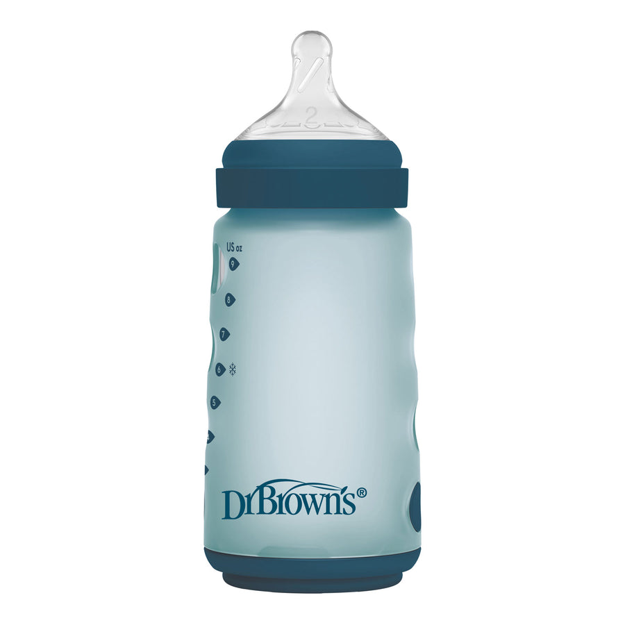 Dr. Brown's blue silicone wide-neck baby bottle with blue cap and label