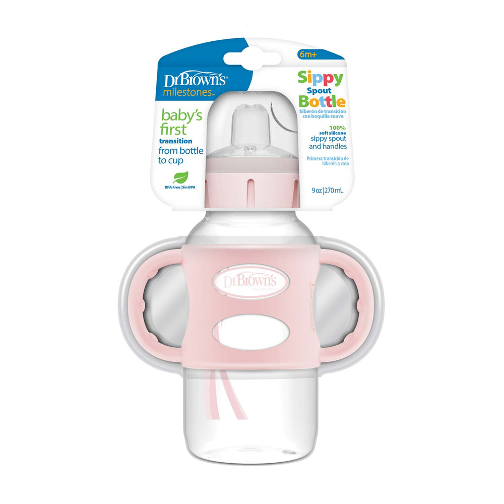 Dr. Brown's Milestones™ Wide-Neck Sippy Spout Bottle in pink, with dual silicone handles, aids your baby's transition to cup drinking for those aged 6 months and up, with a capacity of 9 oz (270 mL).