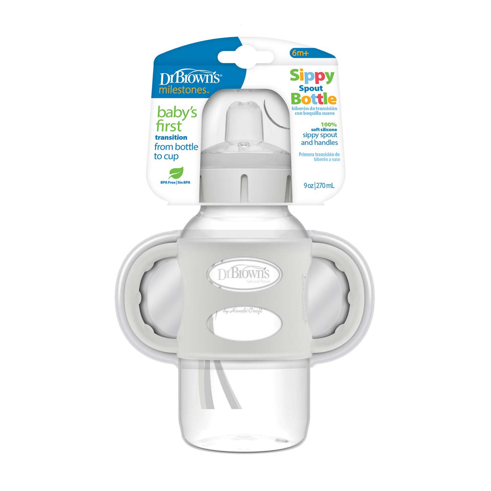 Packaging of gray Dr. Brown's Milestones™ Wide-Neck Sippy Spout Bottle