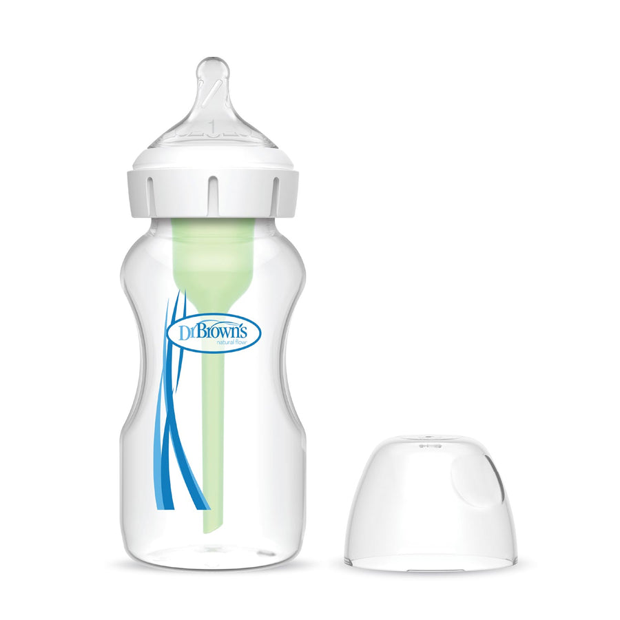 A Dr. Brown's Natural Flow® Anti-Colic Options+™ Wide-Neck Baby Bottle with a Level 1 Slow Flow Nipple, white cap, green vent system, and detached cover is displayed on a white background.