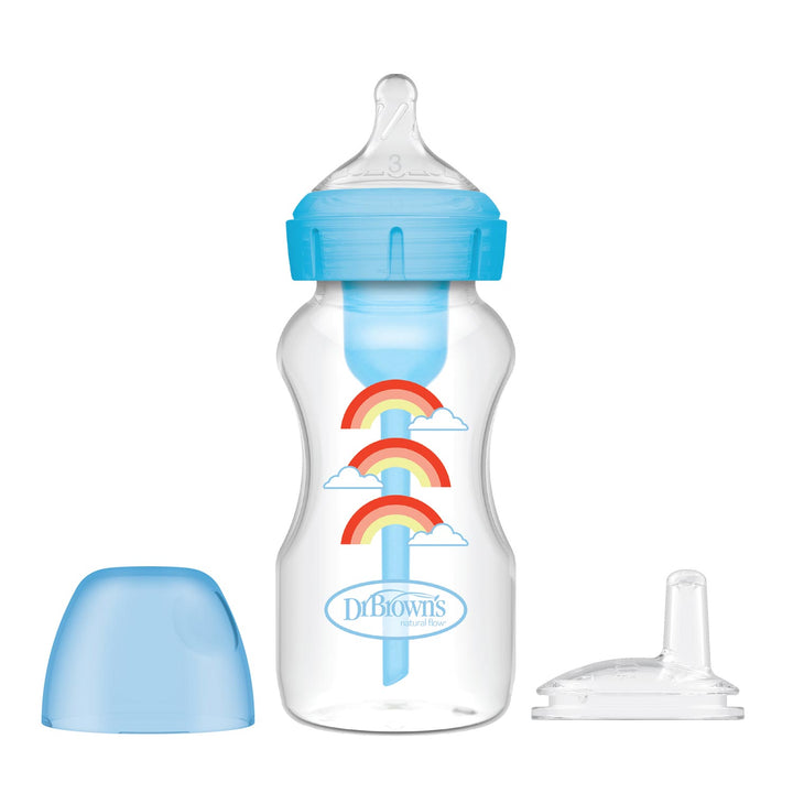 The Dr. Brown's Natural Flow® Anti-Colic Options+™ Wide-Neck Sippy Bottle Starter Kit includes a plastic baby bottle with a blue cap, rainbow design, removable anti-colic vent, and extra clear silicone nipple. The brand "Dr. Brown's" is elegantly printed on the bottle for authenticity and trust.